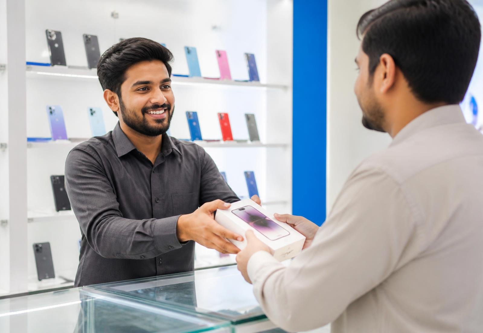 A partner dealer handing a boxed smartphone to a customer