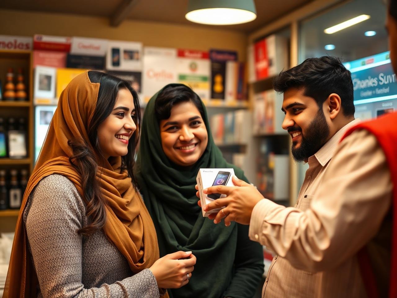Customers collecting a new smartphone at a partner shop